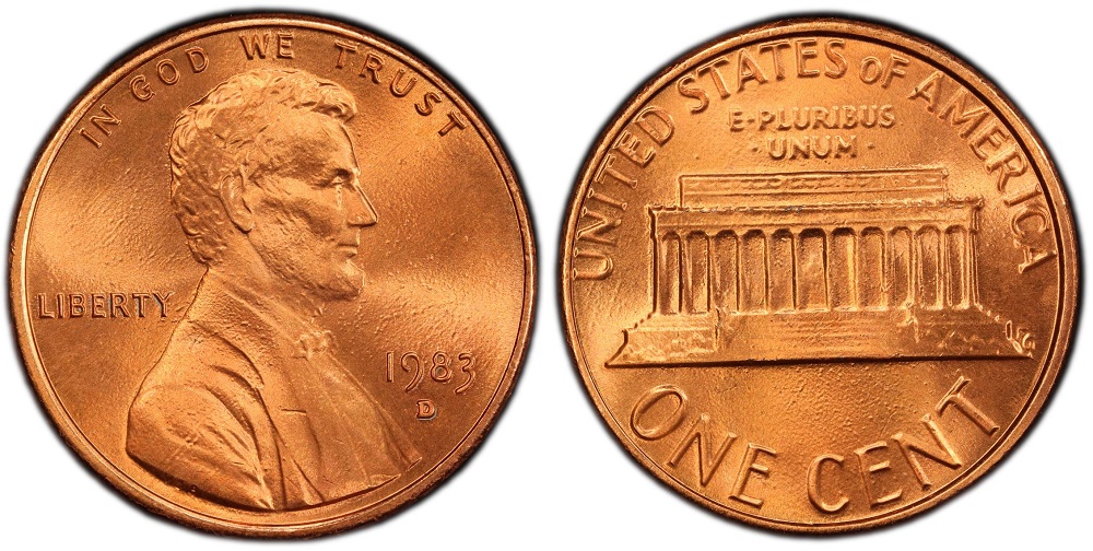 1983 Lincoln Memorial penny obverse and reverse showing date and mint mark