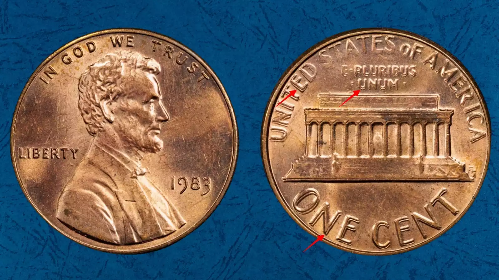 1983 DDR FS-801 doubled die reverse macro showing doubled lettering in ONE CENT and E PLURIBUS UNUM