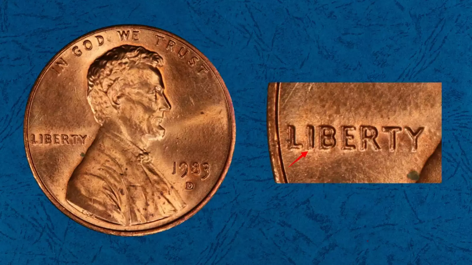 1983-D Denver penny doubled die obverse WDDO-001 showing doubling on date and LIBERTY