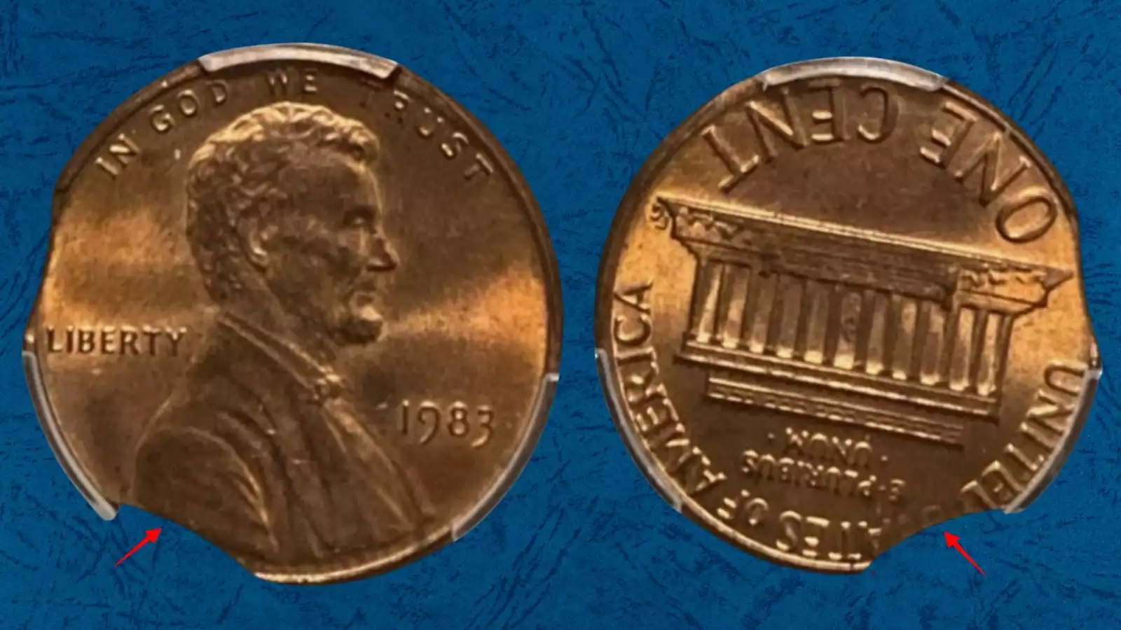 1983 penny clipped planchet error showing smooth curved clip with Blakesley Effect