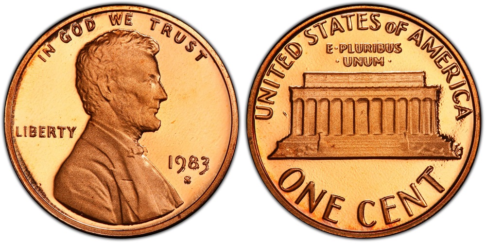 1983 Lincoln cent group showing Philadelphia, Denver, and San Francisco proof specimens together